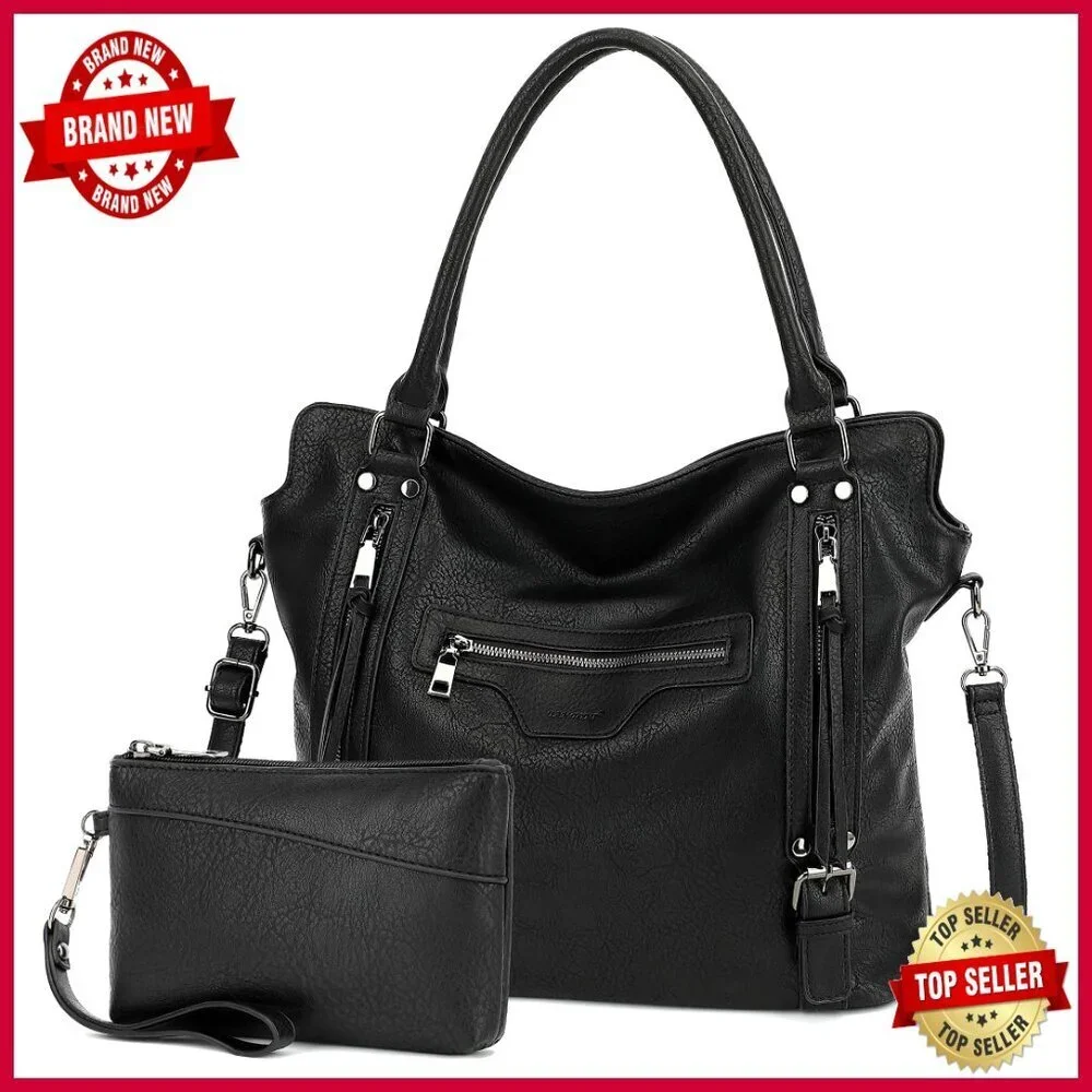 Large Vegan Leather Hobo Tote with Adjustable Strap and Multiple Pockets